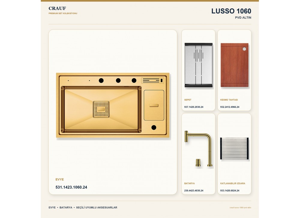 Crauf Lusso 1060 PVD Altın 86×49 cm Evye + Lusso 4030 PVD Altın Batarya 5 Parça Premium Set Crauf Lusso 1060 PVD Altın 86×49 cm Evye + Lusso 4030 PVD Altın Batarya 5 Parça Premium Set