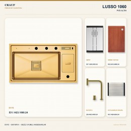 Crauf Lusso 1060 PVD Altın 86×49 cm Evye + Lusso 4030 PVD Altın Batarya 5 Parça Premium Set