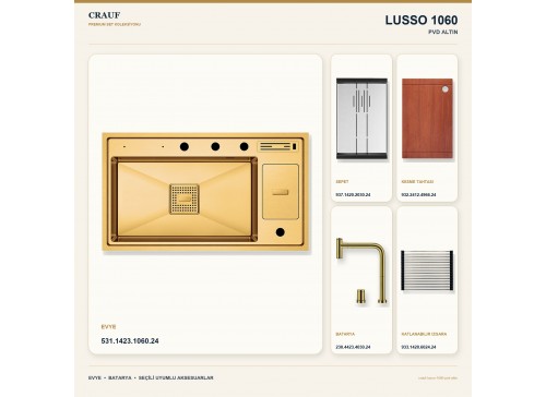 Crauf Lusso 1060 PVD Altın 86×49 cm Evye + Lusso 4030 PVD Altın Batarya 5 Parça Premium Set
