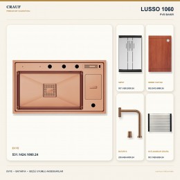 Crauf Lusso 1060 PVD Bakır 86×49 cm Evye + Lusso 4030 PVD Bakır Batarya 5 Parça Premium Set