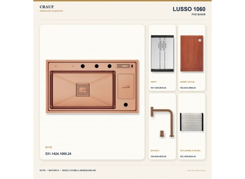 Crauf Lusso 1060 PVD Bakır 86×49 cm Evye + Lusso 4030 PVD Bakır Batarya 5 Parça Premium Set