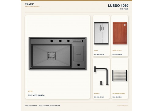Crauf Lusso 1060 PVD Füme 86×49 cm Evye + Lusso 4030 PVD Füme Batarya 5 Parça Premium Set