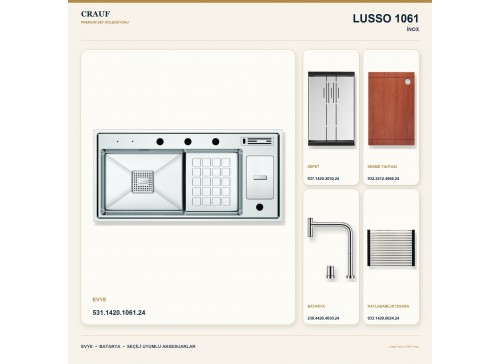 Crauf Lusso 1061 İnox 100×48 cm Evye + Lusso 4030 Çelik Batarya 5 Parça Premium Set