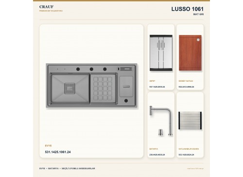 Crauf Lusso 1061 Mat Gri 100×48 cm Evye + Lusso 4030 Çelik (Mat Gri evye için nötr alternatif) Batarya 5 Parça Set
