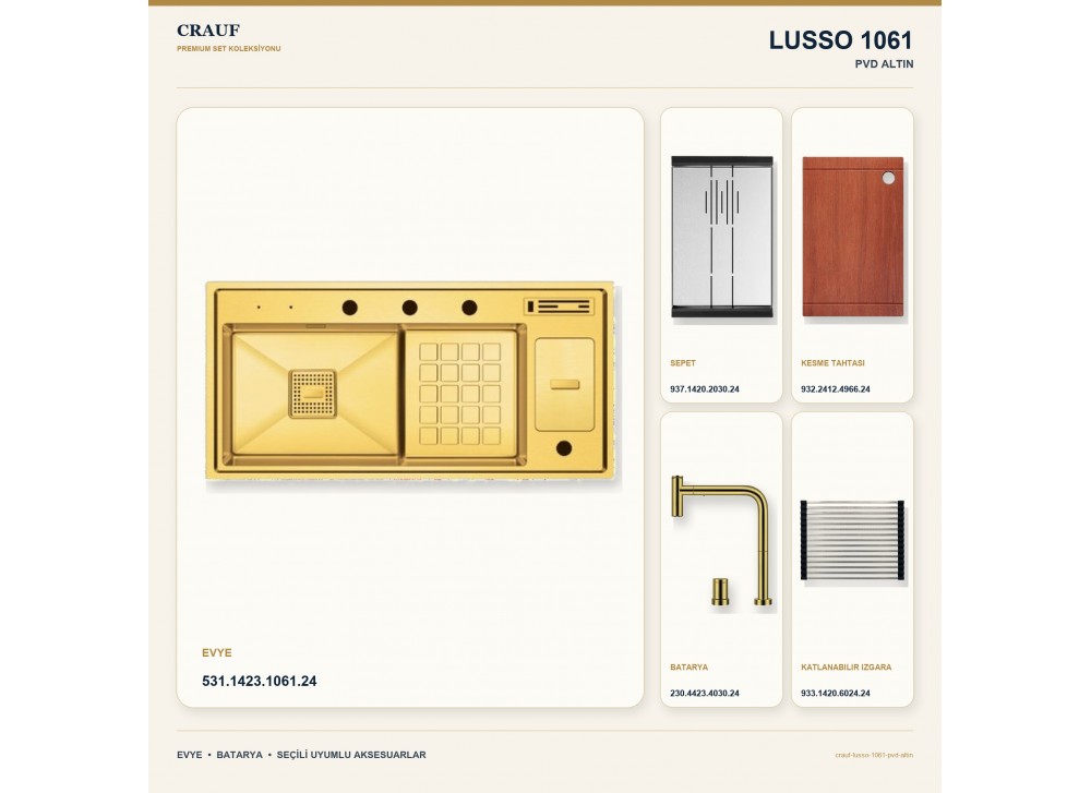 Crauf Lusso 1061 PVD Altın 100×48 cm Evye + Lusso 4030 PVD Altın Batarya 5 Parça Premium Set Crauf Lusso 1061 PVD Altın 100×48 cm Evye + Lusso 4030 PVD Altın Batarya 5 Parça Premium Set