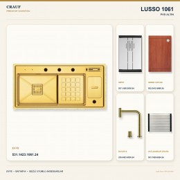 Crauf Lusso 1061 PVD Altın 100×48 cm Evye + Lusso 4030 PVD Altın Batarya 5 Parça Premium Set