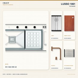 Crauf Lusso 1061 PVD Bakır 100×48 cm Evye + Lusso 4030 PVD Bakır Batarya 5 Parça Premium Set