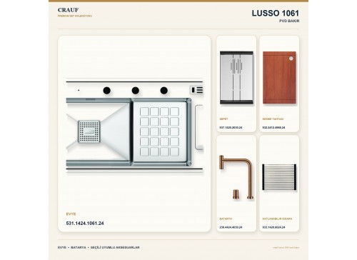 Crauf Lusso 1061 PVD Bakır 100×48 cm Evye + Lusso 4030 PVD Bakır Batarya 5 Parça Premium Set