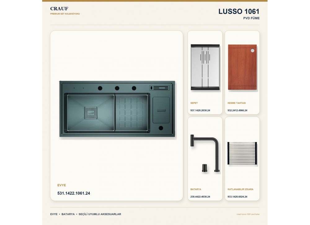 Crauf Lusso 1061 PVD Füme 100×48 cm Evye + Lusso 4030 PVD Füme Batarya 5 Parça Premium Set Crauf Lusso 1061 PVD Füme 100×48 cm Evye + Lusso 4030 PVD Füme Batarya 5 Parça Premium Set