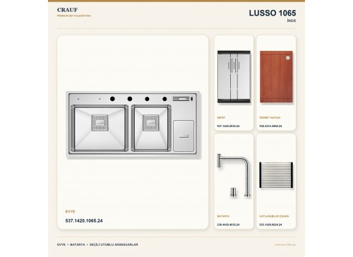 Crauf Lusso 1065 İnox 100×49 cm Evye + Lusso 4030 Çelik Batarya 5 Parça Premium Set
