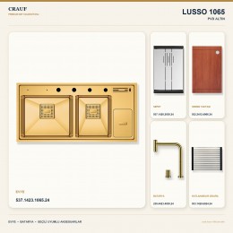 Crauf Lusso 1065 PVD Altın 100×49 cm Evye + Lusso 4030 PVD Altın Batarya 5 Parça Premium Set