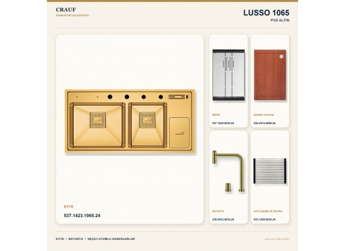 Crauf Lusso 1065 PVD Altın 100×49 cm Evye + Lusso 4030 PVD Altın Batarya 5 Parça Premium Set