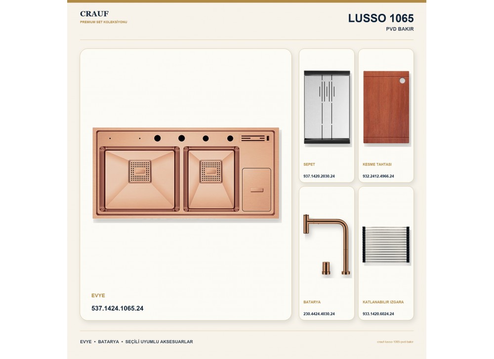 Crauf Lusso 1065 PVD Bakır 100×49 cm Evye + Lusso 4030 PVD Bakır Batarya 5 Parça Premium Set Crauf Lusso 1065 PVD Bakır 100×49 cm Evye + Lusso 4030 PVD Bakır Batarya 5 Parça Premium Set