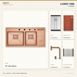 Crauf Lusso 1065 PVD Bakır 100×49 cm Evye + Lusso 4030 PVD Bakır Batarya 5 Parça Premium Set