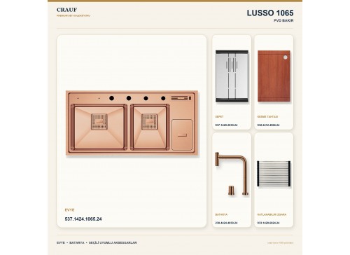 Crauf Lusso 1065 PVD Bakır 100×49 cm Evye + Lusso 4030 PVD Bakır Batarya 5 Parça Premium Set