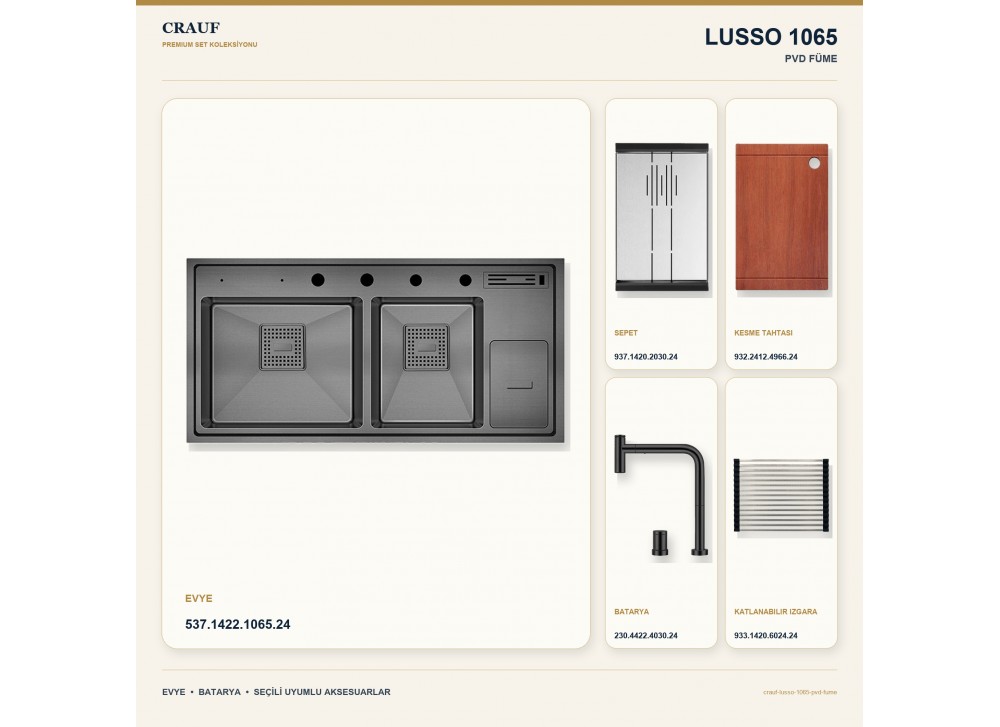 Crauf Lusso 1065 PVD Füme 100×49 cm Evye + Lusso 4030 PVD Füme Batarya 5 Parça Premium Set Crauf Lusso 1065 PVD Füme 100×49 cm Evye + Lusso 4030 PVD Füme Batarya 5 Parça Premium Set