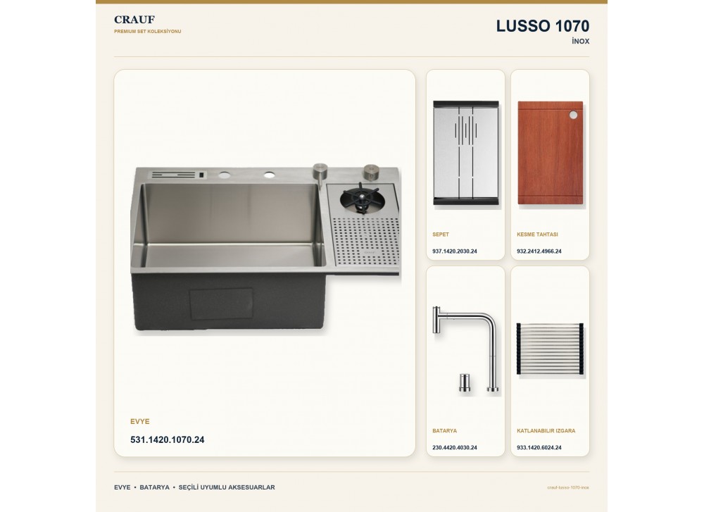 Crauf Lusso 1070 İnox 76×48 cm Evye + Lusso 4030 Çelik Batarya 5 Parça Premium Set Crauf Lusso 1070 İnox 76×48 cm Evye + Lusso 4030 Çelik Batarya 5 Parça Premium Set