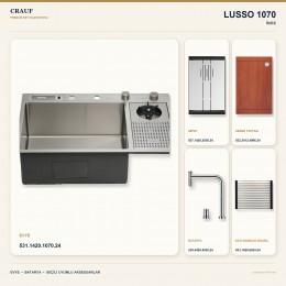 Crauf Lusso 1070 İnox 76×48 cm Evye + Lusso 4030 Çelik Batarya 5 Parça Premium Set