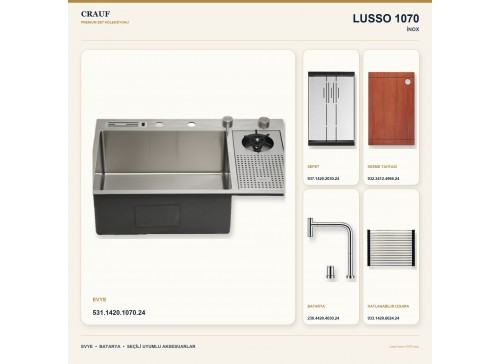 Crauf Lusso 1070 İnox 76×48 cm Evye + Lusso 4030 Çelik Batarya 5 Parça Premium Set