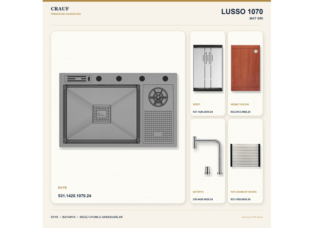 Crauf Lusso 1070 Mat Gri 76×48 cm Evye + Lusso 4030 Çelik (Mat Gri evye için nötr alternatif) Batarya 5 Parça Set Crauf Lusso 1070 Mat Gri 76×48 cm Evye + Lusso 4030 Çelik (Mat Gri evye için nötr alternatif) Batarya 5 Parça Set