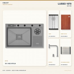 Crauf Lusso 1070 Mat Gri 76×48 cm Evye + Lusso 4030 Çelik (Mat Gri evye için nötr alternatif) Batarya 5 Parça Set