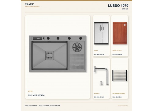 Crauf Lusso 1070 Mat Gri 76×48 cm Evye + Lusso 4030 Çelik (Mat Gri evye için nötr alternatif) Batarya 5 Parça Set