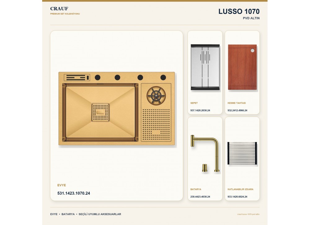 Crauf Lusso 1070 PVD Altın 76×48 cm Evye + Lusso 4030 PVD Altın Batarya 5 Parça Premium Set Crauf Lusso 1070 PVD Altın 76×48 cm Evye + Lusso 4030 PVD Altın Batarya 5 Parça Premium Set