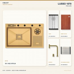Crauf Lusso 1070 PVD Altın 76×48 cm Evye + Lusso 4030 PVD Altın Batarya 5 Parça Premium Set