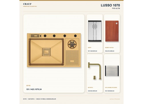 Crauf Lusso 1070 PVD Altın 76×48 cm Evye + Lusso 4030 PVD Altın Batarya 5 Parça Premium Set
