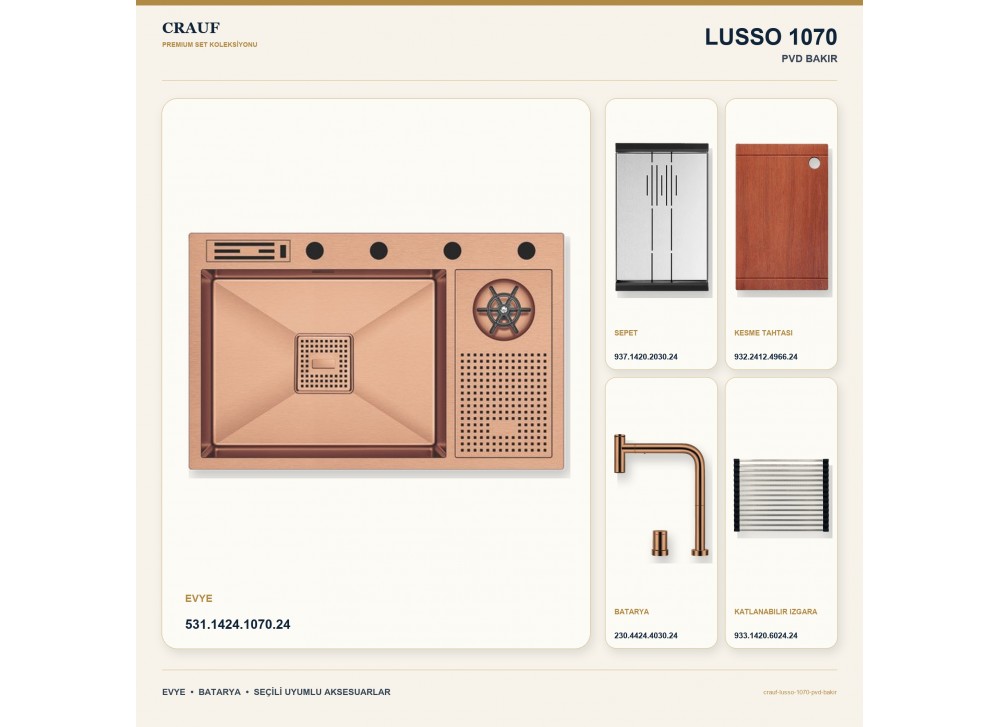 Crauf Lusso 1070 PVD Bakır 76×48 cm Evye + Lusso 4030 PVD Bakır Batarya 5 Parça Premium Set Crauf Lusso 1070 PVD Bakır 76×48 cm Evye + Lusso 4030 PVD Bakır Batarya 5 Parça Premium Set