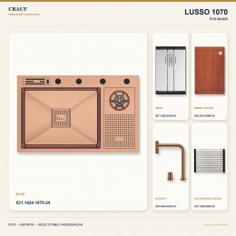 Crauf Lusso 1070 PVD Bakır 76×48 cm Evye + Lusso 4030 PVD Bakır Batarya 5 Parça Premium Set