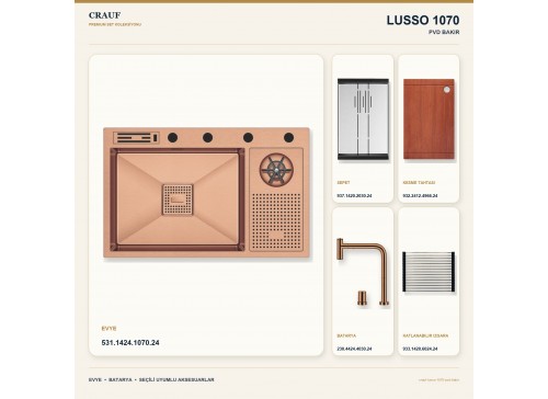 Crauf Lusso 1070 PVD Bakır 76×48 cm Evye + Lusso 4030 PVD Bakır Batarya 5 Parça Premium Set