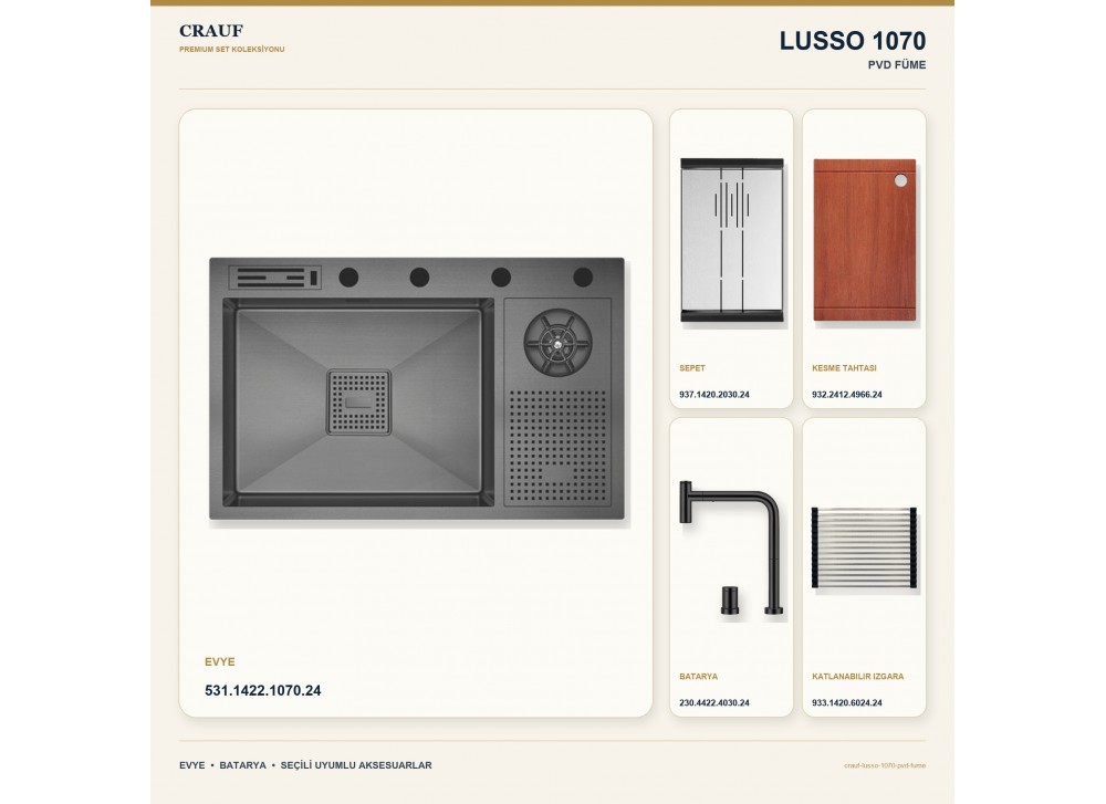 Crauf Lusso 1070 PVD Füme 76×48 cm Evye + Lusso 4030 PVD Füme Batarya 5 Parça Premium Set Crauf Lusso 1070 PVD Füme 76×48 cm Evye + Lusso 4030 PVD Füme Batarya 5 Parça Premium Set
