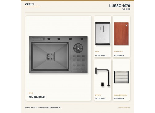 Crauf Lusso 1070 PVD Füme 76×48 cm Evye + Lusso 4030 PVD Füme Batarya 5 Parça Premium Set