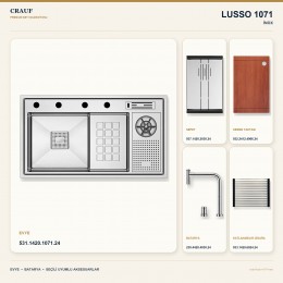 Crauf Lusso 1071 İnox 84×48 cm Evye + Lusso 4030 Çelik Batarya 5 Parça Premium Set