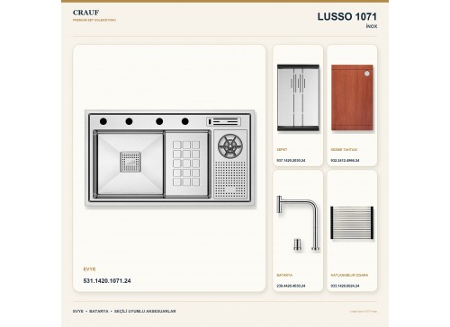 Crauf Lusso 1071 İnox 84×48 cm Evye + Lusso 4030 Çelik Batarya 5 Parça Premium Set