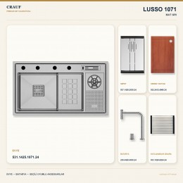 Crauf Lusso 1071 Mat Gri 84×48 cm Evye + Lusso 4030 Çelik (Mat Gri evye için nötr alternatif) Batarya 5 Parça Set