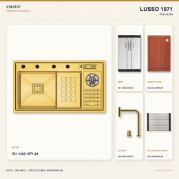 Crauf Lusso 1071 PVD Altın 84×48 cm Evye + Lusso 4030 PVD Altın Batarya 5 Parça Premium Set