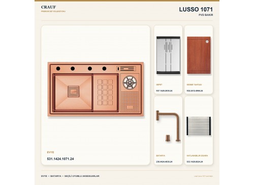 Crauf Lusso 1071 PVD Bakır 84×48 cm Evye + Lusso 4030 PVD Bakır Batarya 5 Parça Premium Set