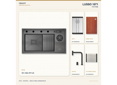 Crauf Lusso 1071 PVD Füme 84×48 cm Evye + Lusso 4030 PVD Füme Batarya 5 Parça Premium Set