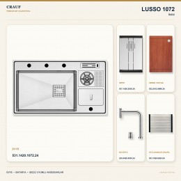 Crauf Lusso 1072 İnox 86×50 cm Evye + Lusso 4030 Çelik Batarya 5 Parça Premium Set