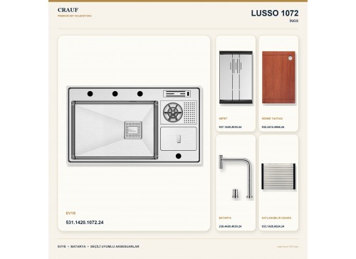Crauf Lusso 1072 İnox 86×50 cm Evye + Lusso 4030 Çelik Batarya 5 Parça Premium Set