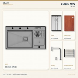 Crauf Lusso 1072 Mat Gri 86×50 cm Evye + Lusso 4030 Çelik (Mat Gri evye için nötr alternatif) Batarya 5 Parça Set