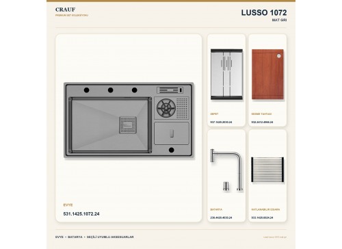 Crauf Lusso 1072 Mat Gri 86×50 cm Evye + Lusso 4030 Çelik (Mat Gri evye için nötr alternatif) Batarya 5 Parça Set