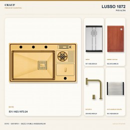 Crauf Lusso 1072 PVD Altın 86×50 cm Evye + Lusso 4030 PVD Altın Batarya 5 Parça Premium Set
