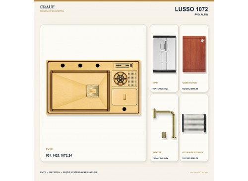Crauf Lusso 1072 PVD Altın 86×50 cm Evye + Lusso 4030 PVD Altın Batarya 5 Parça Premium Set