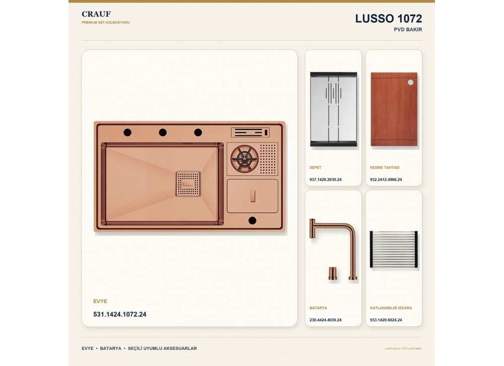 Crauf Lusso 1072 PVD Bakır 86×50 cm Evye + Lusso 4030 PVD Bakır Batarya 5 Parça Premium Set Crauf Lusso 1072 PVD Bakır 86×50 cm Evye + Lusso 4030 PVD Bakır Batarya 5 Parça Premium Set