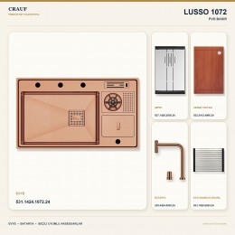 Crauf Lusso 1072 PVD Bakır 86×50 cm Evye + Lusso 4030 PVD Bakır Batarya 5 Parça Premium Set