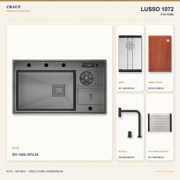Crauf Lusso 1072 PVD Füme 86×50 cm Evye + Lusso 4030 PVD Füme Batarya 5 Parça Premium Set
