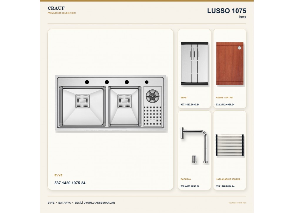 Crauf Lusso 1075 İnox 100×50 cm Evye + Lusso 4030 Çelik Batarya 5 Parça Premium Set Crauf Lusso 1075 İnox 100×50 cm Evye + Lusso 4030 Çelik Batarya 5 Parça Premium Set